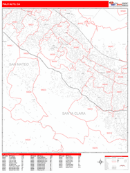 Palo Alto Wall Map Zip Code Red Line Style 2024